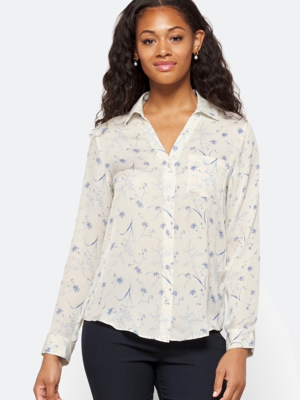 41 Hawthorn Cream Silk Button-Down Shirt with Blue Floral Print